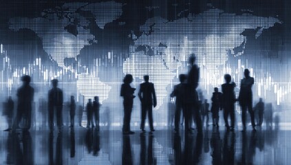 Silhouetted business figures standing before a world map with financial data