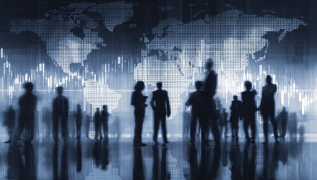 Silhouetted business figures standing before a world map with financial data - Powered by Adobe