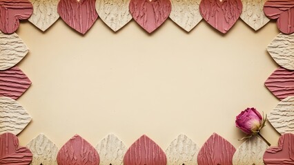 Heart Frame with Pink Rose on Cream Background and Copy Space