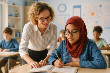 Teacher Helping Student Read Book in Classroom