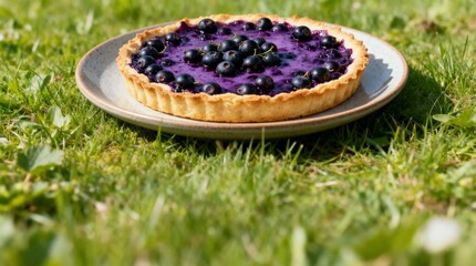 Black currant tart on ceramic plate outdoors