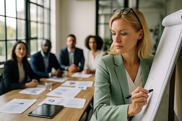 Businesswoman Presenting Strategy on Flip Chart During Team Meeting