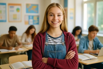 Confident Teenage Student Standing in Classroom with Arms Crossed