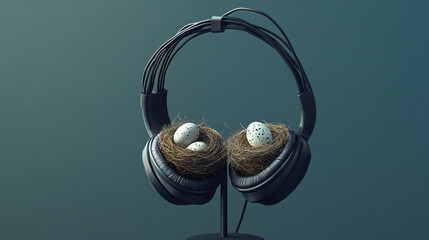 Noise-canceling headphones on a stand, the ear cups holding two small, perfect bird nests with eggs