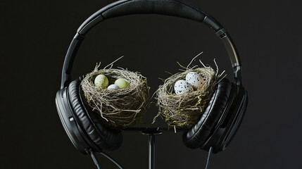 Noise-canceling headphones on a stand, the ear cups holding two small, perfect bird nests with eggs