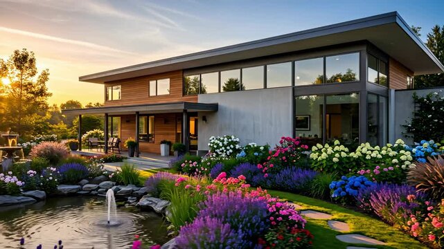 A Stunning Modern Home Surrounded by Colorful Flower Gardens at Sunset, Featuring Bright Blooms of Lavender, Roses, and Hydrangeas in a Harmonious Landscape
