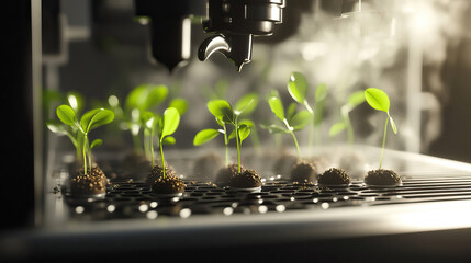 Office coffee machine, but from its used coffee pod tray, delicate green seedlings are sprouting