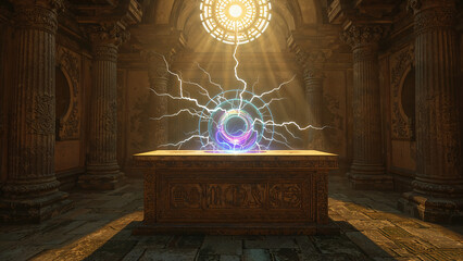 Altar in Ancient Temple, Glowing Lightning Portal Circle Above, Fantasy Mysterious Background