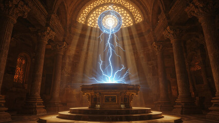 Altar in Ancient Temple, Glowing Lightning Portal Circle Above, Fantasy Mysterious Background