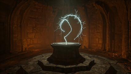 Altar in Ancient Temple, Glowing Lightning Portal Circle Above, Fantasy Mysterious Background