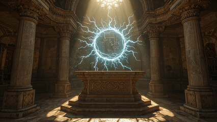 Altar in Ancient Temple, Glowing Lightning Portal Circle Above, Fantasy Mysterious Background
