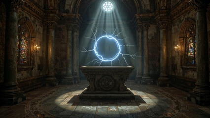 Altar in Ancient Temple, Glowing Lightning Portal Circle Above, Fantasy Mysterious Background