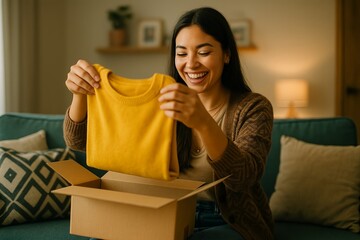Happy Woman Unboxing New Clothes at Home on Sofa