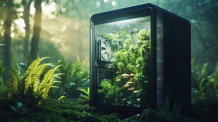 PC tower case with a transparent side panel, but inside instead of components a miniature ecosystem