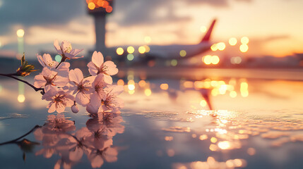Pink blossoms reflect, Gentle pink petals mirror in puddles beneath illuminated airport tower