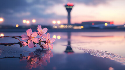 Pink blossoms reflect, Gentle pink petals mirror in puddles beneath illuminated airport tower