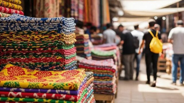 Bazaar Textile Showcase: A vibrant display of colorful textiles and fabrics fills a bustling marketplace, showcasing the cultural richness and artistry of traditional craftsmanship. 