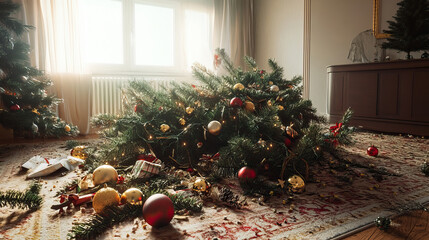 Scene of Christmas tree fallen over in living room, pine needles everywhere, melancholic atmosphere