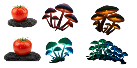 Colorful mushrooms and tomatoes on rocks isolated on white