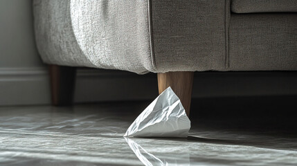 Solitary paper craft in muted tones, An abandoned childhood toy amidst shadows and textured flooring