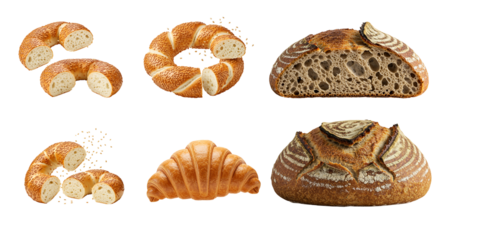 Variety of freshly baked breads on white background