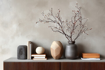 A sophisticated display of decorative objects on a modern console table with a textured wall background