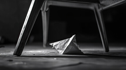 Solitary paper craft in muted tones, An abandoned childhood toy amidst shadows and textured flooring