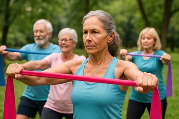 Active Senior Woman Exercising Outdoors with Resistance Band