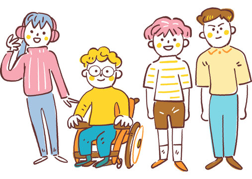 手書き風の線画で描かれた、イヤーマフをつけた少女と車椅子の少年とジェンダーレスな子供と外国ルーツの少年の4人が横一列に並んだ、インクルーシブ教育や多様性を象徴する小学生の全身集合イラスト