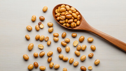 A wooden spoon filled with and surrounded by roasted soybeans.