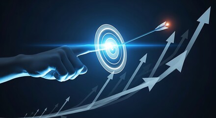 Hand pointing to a glowing target with an arrow hitting the bullseye, symbolizing success and achievement with upward trending arrows in the background
