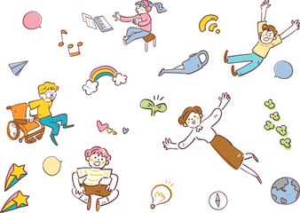 Wi-Fiや地球や紙飛行機のアイコンと共に空を自由に飛んでいる車椅子の少年や先生や子供たち、教育の未来と成長とSDGsをイメージした手書き風のコンセプトイラスト