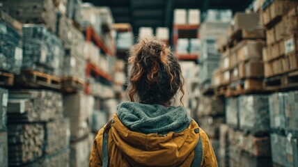 Obraz premium Woman in Yellow Jacket Observing Warehouse Storage Aisle
