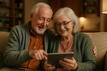 Happy Senior Couple Using Digital Tablet Together at Home