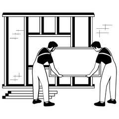 Precision Glass panels Installation vector design, construction workers banner, Skilled labor scene, Civil Engineering Works stock illustration, Installing the Window Frame concept