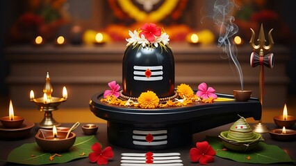 Warm Light of Traditional Hindu Shivling with Flowers and Offering Still Life