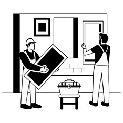 Window Installation in progress vector design, construction workers banner, Skilled labor scene, Civil Engineering Works stock illustration, Home Improvement by Expert Installers concept