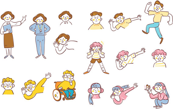 バインダーを持って案内する先生とジャージ姿で体育指導する先生、頬杖をついたり走ったりする多様な個性を持つ4人の子供たちの表情と動作のバリエーションセット、インクルーシブ教育の現場で使えるいきいきとした手書き風のポーズ集イラスト