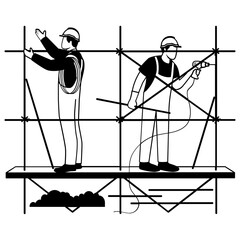 Teamwork on Scaffolding vector design, construction workers banner, Skilled labor scene, Civil Engineering Works stock illustration, Exterior Building Installation concept