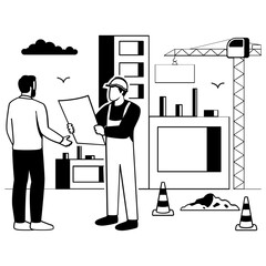 Project Supervision on Site vector design, construction workers banner, Skilled labor scene, Civil Engineering Works stock illustration, Engineers Discussing Building Plans concept