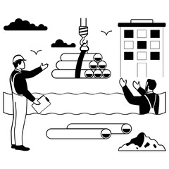 On Site Supervision of Utility Installation vector design, construction workers banner, Skilled labor scene, Civil Engineering Works stock illustration, Crane assisted Pipeline Placement concept