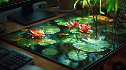 Surreal desk mousepad transformed into a miniature crystal-clear pond with water lilies and a frog