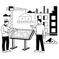 Site Meeting for Building Development vector design, construction workers banner, Skilled labor scene, Civil Engineering Works stock illustration, Structural Design Review concept