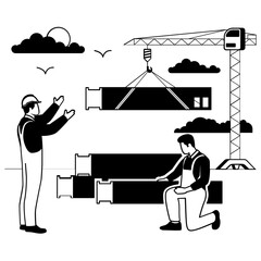 Prefabricated Elements Installation vector design, construction workers banner, Skilled labor scene, Civil Engineering Works stock illustration, Structural Assembly in Progress concept