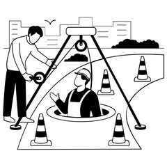 Urban Infrastructure Repair vector design, construction workers banner, Skilled labor scene, Civil Engineering Works stock illustration, Safe Manhole Operations concept
