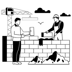 worker applies mortar places bricks vector design, construction workers banner, Skilled labor scene, Civil Engineering Works stock illustration, two person collaborate on building brick wall concept