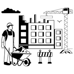 Professional Builder with wheelbarrow vector design, construction workers banner, Skilled labor scene, Civil Engineering Works stock illustration, Worker Handling Materials on Site concept
