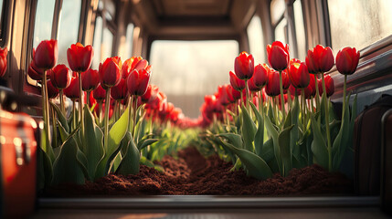 Surreal image of an open bus luggage compartment overflowing with soil and blooming red tulips