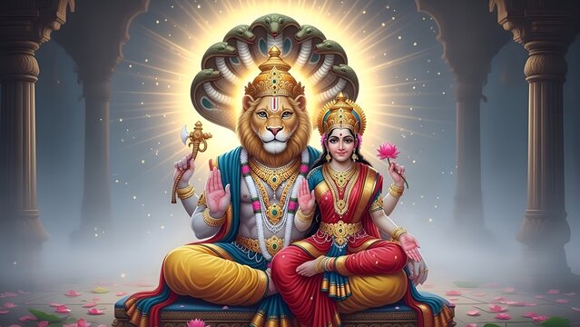 Majestic Digital Depiction of Hindu Deity Narasimha and Lakshmi Illustration
