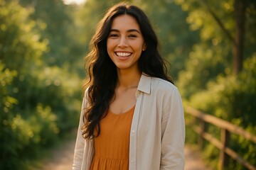 Smiling Young Woman Standing Outdoors in Nature with Soft Sunlight